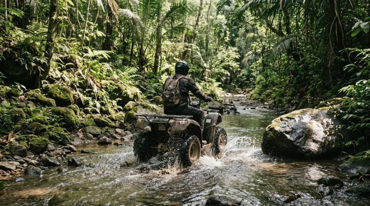 Quad bike crossing a shallow river on an Ubud ATV tour track, splashing through the water