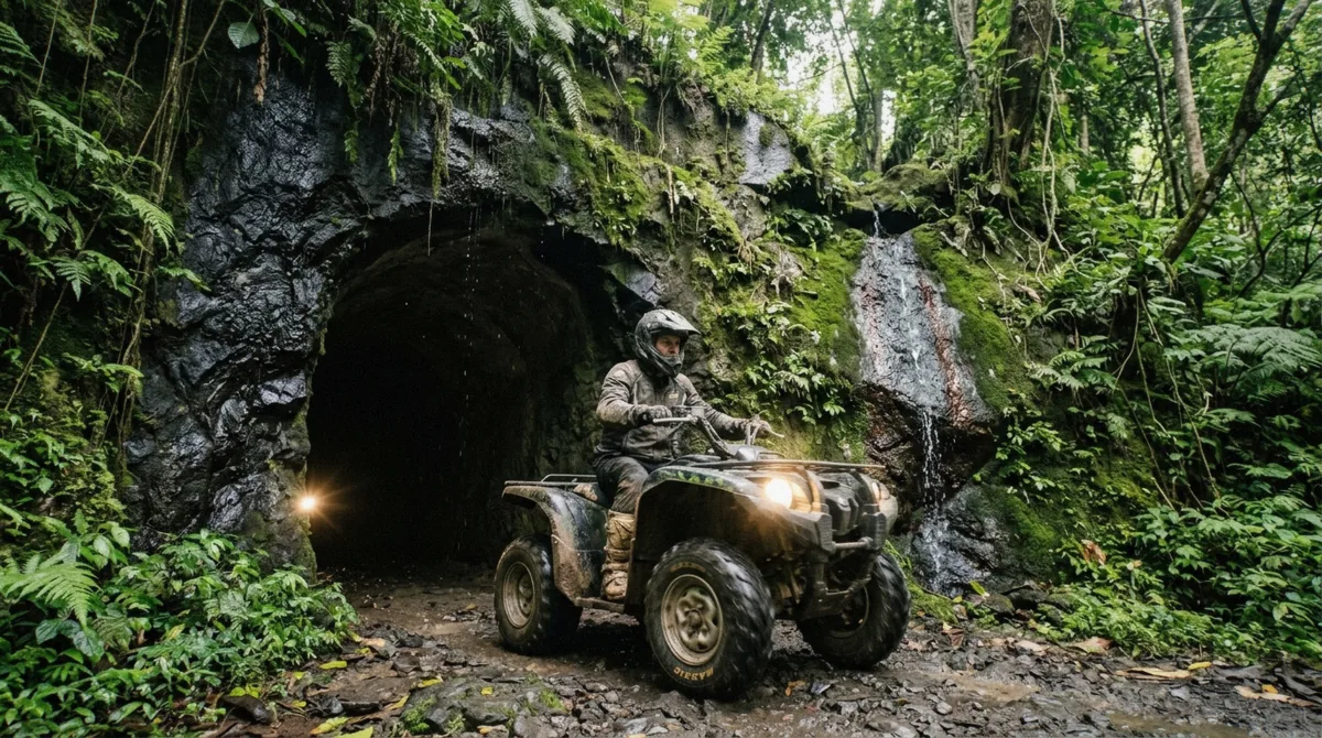 Quad bike emerging from the Gorilla Face Cave tunnel on an ATV tour in Ubud, Bali