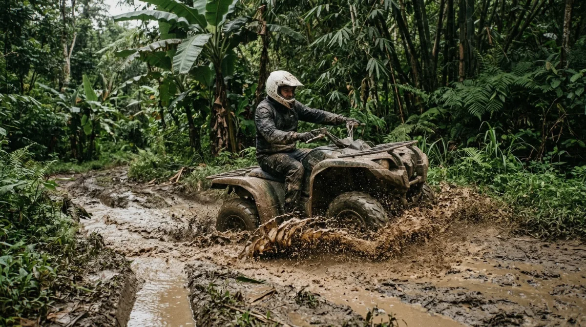 Riders splashing through a muddy jungle trail on a guided ATV tour in Ubud, Bali
